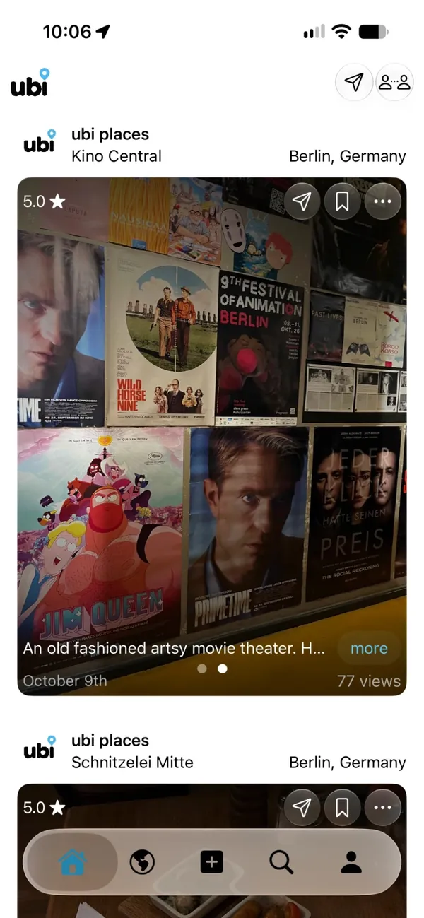 Ubi Places feed showing a friend's pin at Kino Central in Berlin