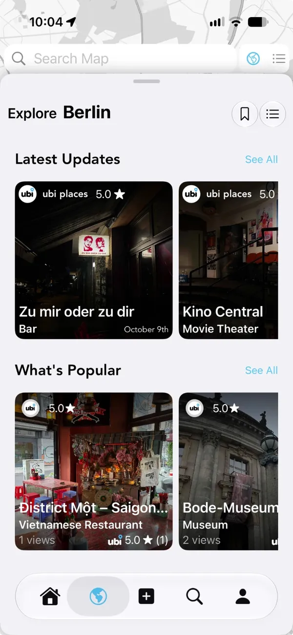 Ubi Places Explore Berlin screen with friends' latest updates and popular places